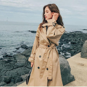 Trench Coat Long Double-Breasted Belt Blue Khaki Lady