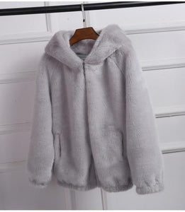 Faux Fur Coat With Hood High Waist Fashion