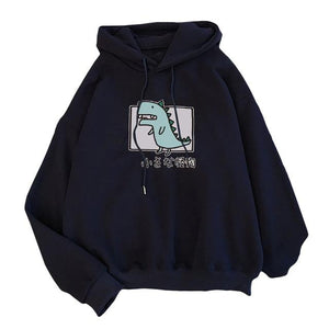 Cartoon Dinosaur Print Hoodies Women Casual Long Sleeve Loose Hooded Sweatshirt