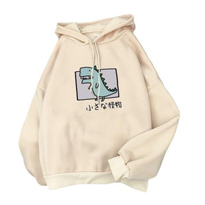 Cartoon Dinosaur Print Hoodies Women Casual Long Sleeve Loose Hooded Sweatshirt