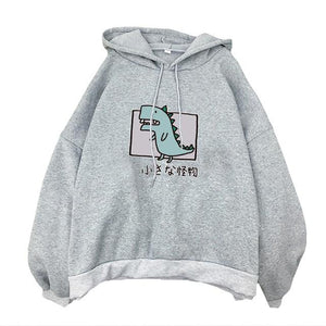 Cartoon Dinosaur Print Hoodies Women Casual Long Sleeve Loose Hooded Sweatshirt